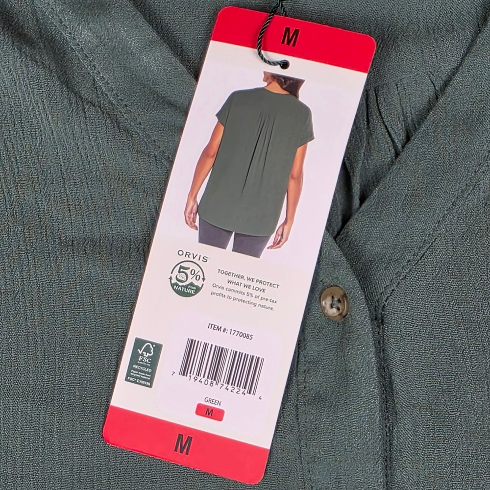 Orvis Womens Green Short Sleeve Button Up Blouse Crinkle Texture Top Medium NEW - Picture 7 of 9